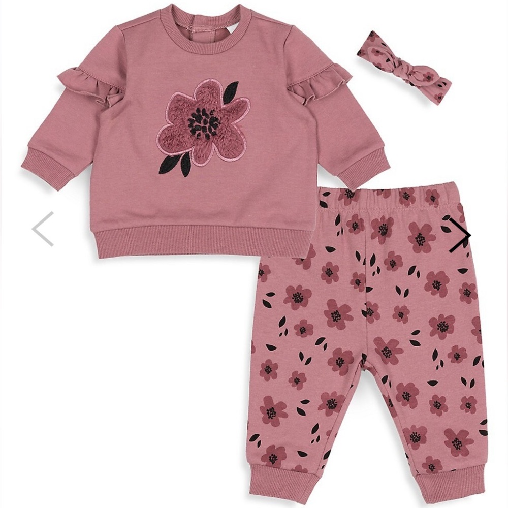 Size 3M Baby Girl's 3-Piece Floral Sweatshirt Set (top +pants + hair band)